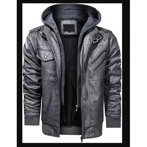 Mens Motorcycle Bomber Removable Hood Grey Leather Jacket